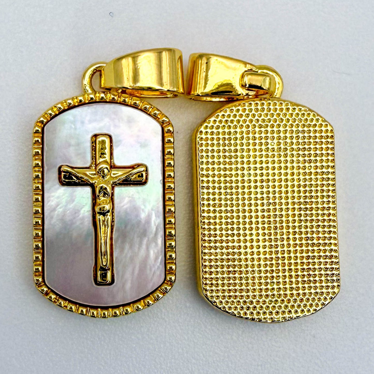 LYVANLICross Shell Pearl Tag Charm, Gold Filled Cross Pendant for Religious Necklace Bracelet Jewelry Making Supply, 11x20mm, CP1991