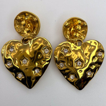 LYVANLIHammered earrings,16K shiny gold plated stainless steel, Overall 39mm long, Heart 22x24mm