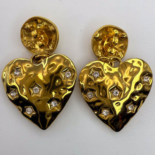 LYVANLIHammered earrings,16K shiny gold plated stainless steel, Overall 39mm long, Heart 22x24mm