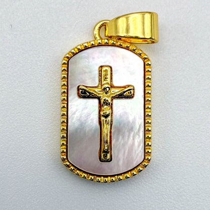 LYVANLICross Shell Pearl Tag Charm, Gold Filled Cross Pendant for Religious Necklace Bracelet Jewelry Making Supply, 11x20mm, CP1991