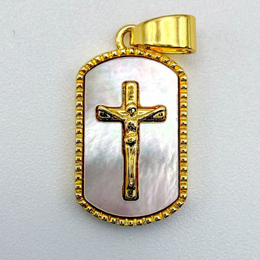 LYVANLICross Shell Pearl Tag Charm, Gold Filled Cross Pendant for Religious Necklace Bracelet Jewelry Making Supply, 11x20mm, CP1991