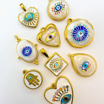 LYVANLI18K Gold Evil Eye Pendant with Palm Heart Enamel DIY Necklace & Bracelet Jewelry Charm