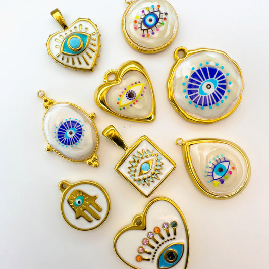 LYVANLI18K Gold Evil Eye Pendant with Palm Heart Enamel DIY Necklace & Bracelet Jewelry Charm
