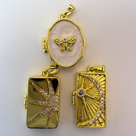 LYVANLI14K Gold Plated Locket Pendant Charms – Star, Moon, Heart, Sun Designs with Cubic Zirconia – DIY Necklace & Jewelry Making Supplies