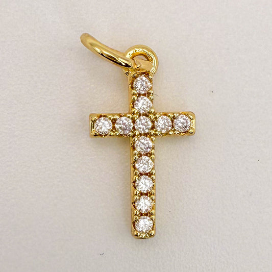 LYVANLI18K Gold Tiny Cross Charm Filled Clear CZ Religious Cross Mini Charm in Gold Size 15.8x8.8mm