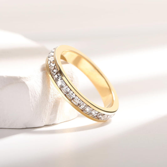 18K Gold Color Titanium Steel Non-Fading Couple Ring for Men and Women, Single Row Diamond Wedding Band, Engagement Promise Ring, Durable Jewelry Gift
