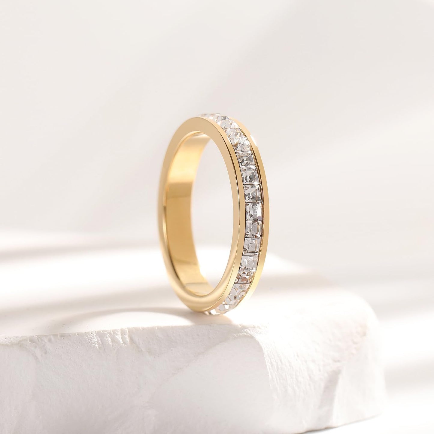 18K Gold Color Titanium Steel Non-Fading Couple Ring for Men and Women, Single Row Diamond Wedding Band, Engagement Promise Ring, Durable Jewelry Gift