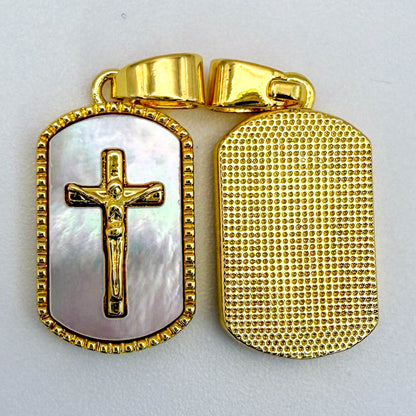 LYVANLICross Shell Pearl Tag Charm, Gold Filled Cross Pendant for Religious Necklace Bracelet Jewelry Making Supply, 11x20mm, CP1991