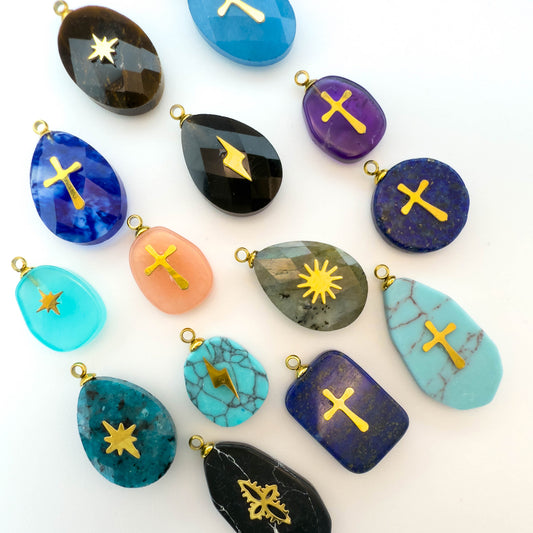 LYVANLIArtisan Turquoise-Studded Stainless Steel Pendant — DIY Necklace & Bracelet Component, Square/Round Mini Jewelry Tag