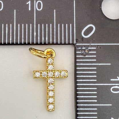LYVANLI18K Gold Tiny Cross Charm Filled Clear CZ Religious Cross Mini Charm in Gold Size 15.8x8.8mm