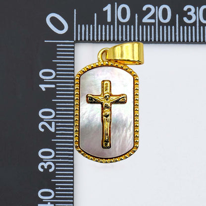 LYVANLICross Shell Pearl Tag Charm, Gold Filled Cross Pendant for Religious Necklace Bracelet Jewelry Making Supply, 11x20mm, CP1991