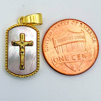 LYVANLICross Shell Pearl Tag Charm, Gold Filled Cross Pendant for Religious Necklace Bracelet Jewelry Making Supply, 11x20mm, CP1991