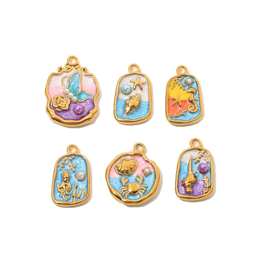 18K Gold Color Stainless Steel and Enamel Oil Drop Cute Marine Element Pendants, DIY Ladies' Necklace Bracelet Wholesale Jewel