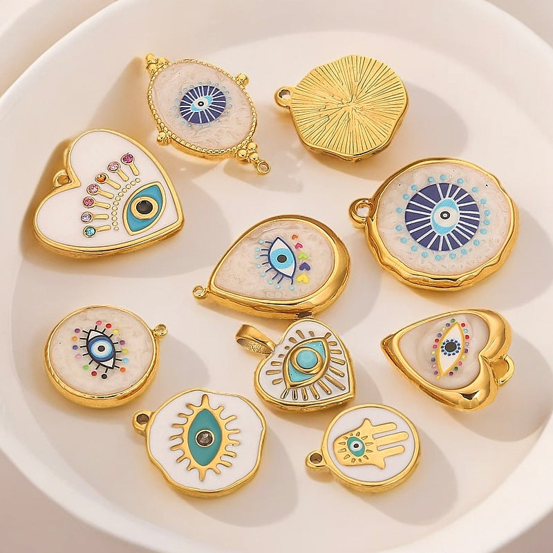 18K Gold Evil Eye Pendant with Palm Heart Enamel DIY Necklace & Bracelet Jewelry Charm
