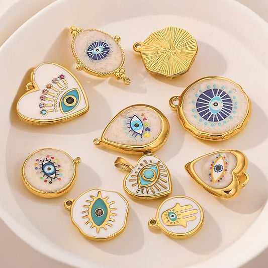 18K Gold Evil Eye Pendant with Palm Heart Enamel DIY Necklace & Bracelet Jewelry Charm