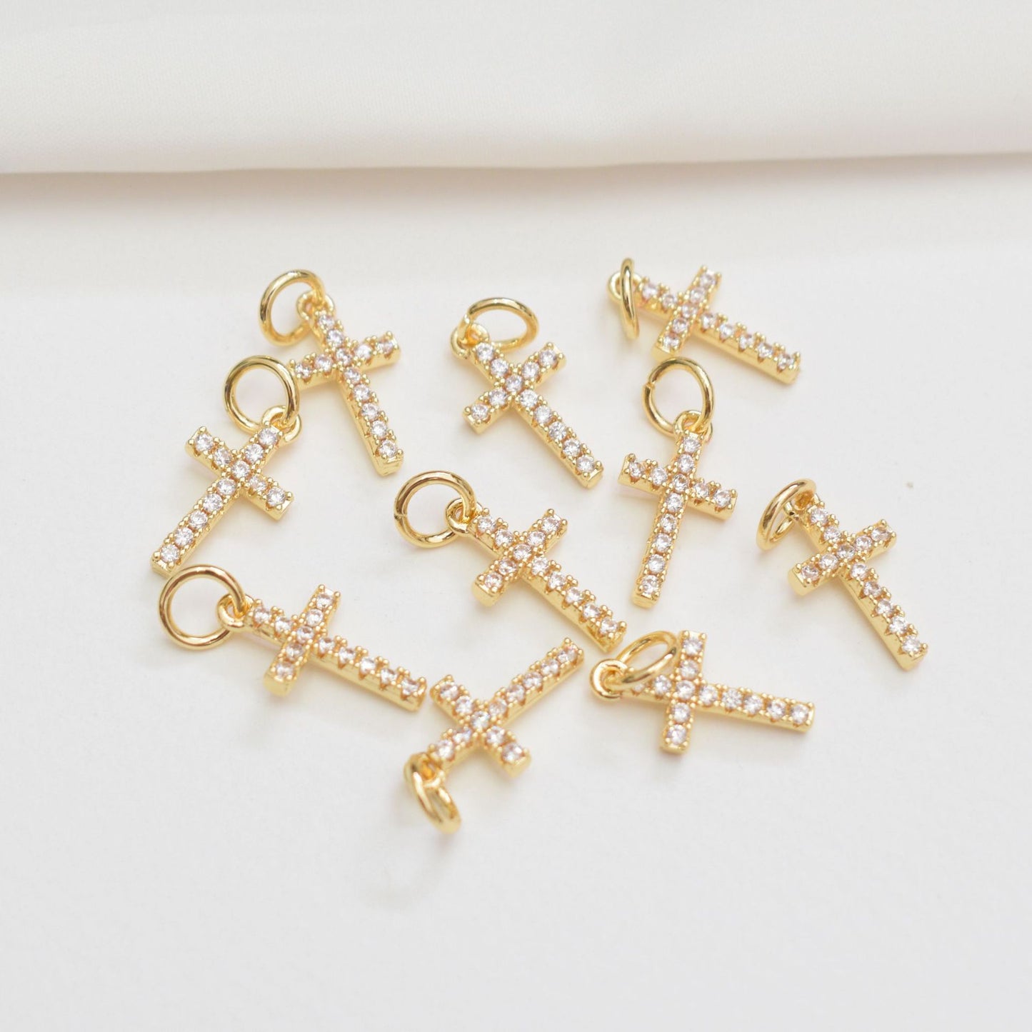 LYVANLI18K Gold Tiny Cross Charm Filled Clear CZ Religious Cross Mini Charm in Gold Size 15.8x8.8mm