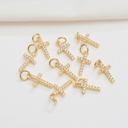 LYVANLI18K Gold Tiny Cross Charm Filled Clear CZ Religious Cross Mini Charm in Gold Size 15.8x8.8mm