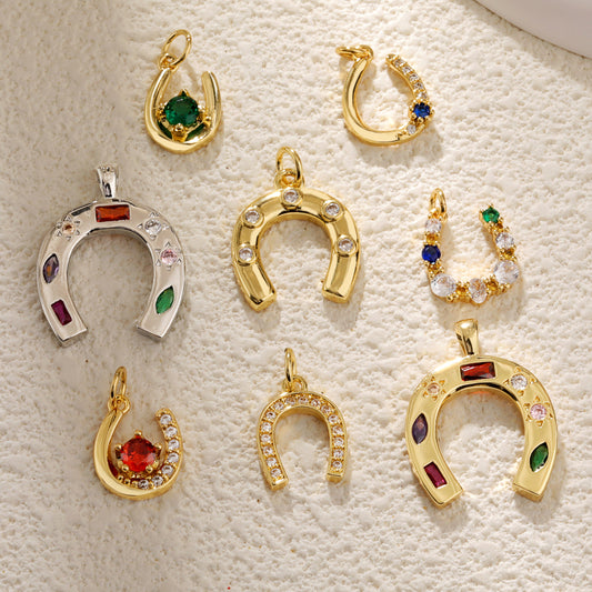 18K Gold Filled Horseshoe Pendant with Zircon U-Shaped Necklace & Bracelet Charm for DIY Jewelry Making Accessories