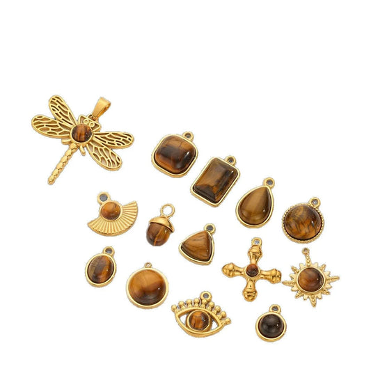 LYVANLI18K Gold Color Stainless Steel Charms Evil Eye Water Drop Sun Cross Natural Stone Tiger Eye Pendant for Jewelry Making