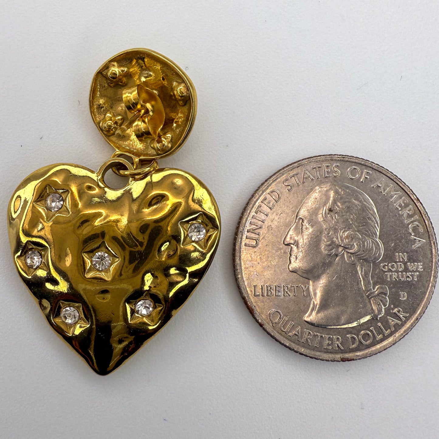 LYVANLIHammered earrings,16K shiny gold plated stainless steel, Overall 39mm long, Heart 22x24mm